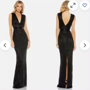 MAC DUGGAL 5625 BEADED CAP SLEEVE V-NECK BLACK COLUMN GOWN sz 4